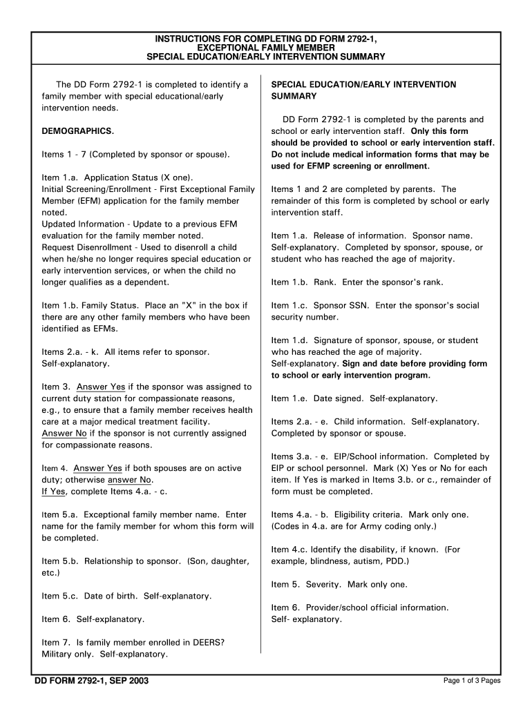  Special Educationearly Intervention Summary Dd Form 2792 1, Aug 2003