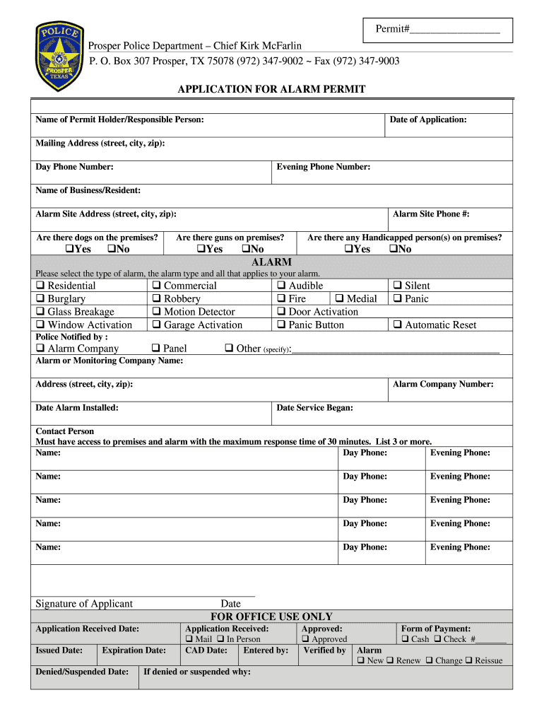 Prosper Tx Alarm Permit Form