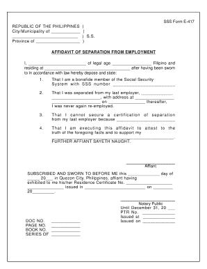 Affidavit of Separation from Employment  Form