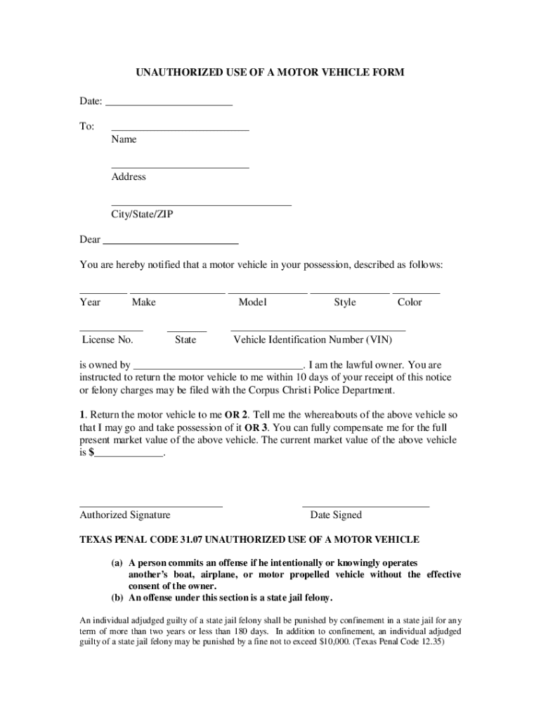 Demand Letter for Return of Car Texas  Form