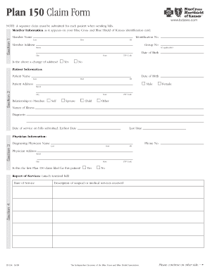 Plan 150 Claim Form Blue Cross and Blue Shield of Kansas