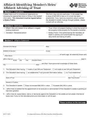 Affidavit Identifying Member39s Heirs Blue Cross and Blue Shield of Bb  Form