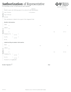 Claim Appeal Representative Authorization Form Blue Cross and