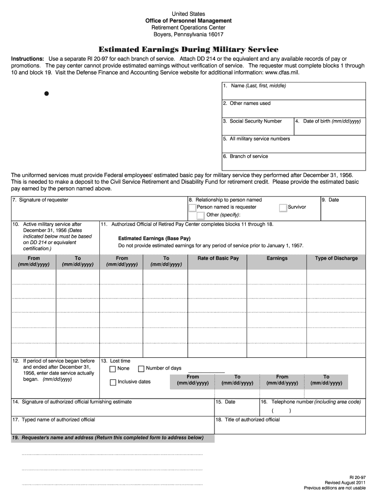  Estimated Earnings during Military Service RI 20 97 Form 2011