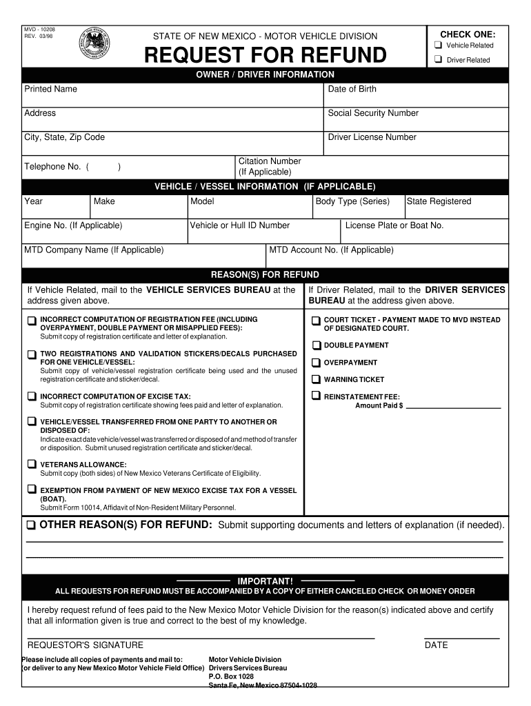  MVD Refund Request Form City of Las Cruces 2014