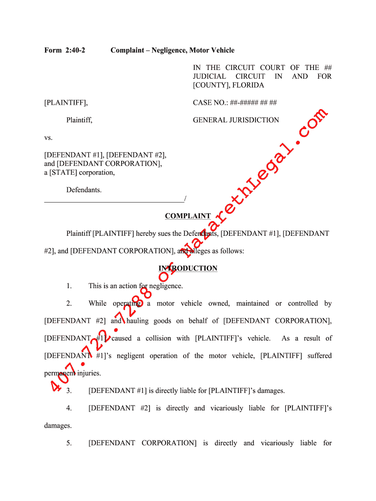 Florida Form Complaint Negligence Motor Vehicle