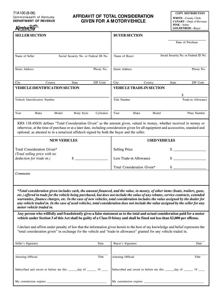  Affidavit of Total Consideration Given for a Motor Vehicle Kentucky 2006