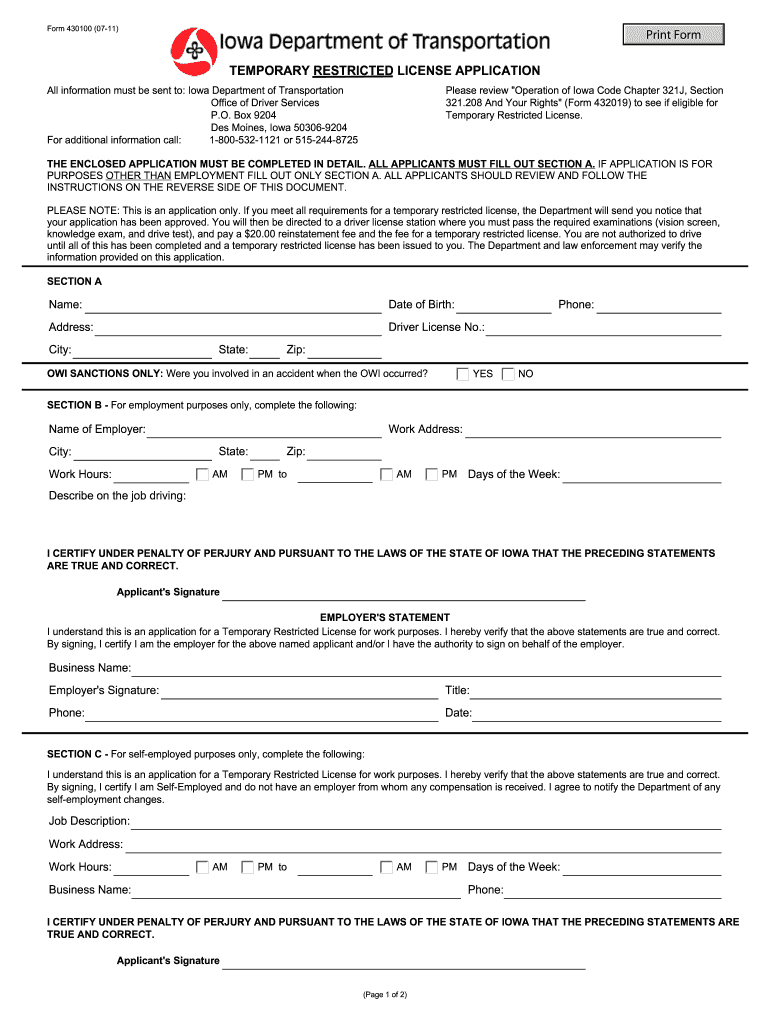  Iowa Temporary Restricted License Form 2011-2024