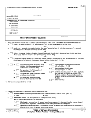 FL 115 PROOF of SERVICE of SUMMONS Family Law Uniform Parentage Custody and Support Judicial Council Forms