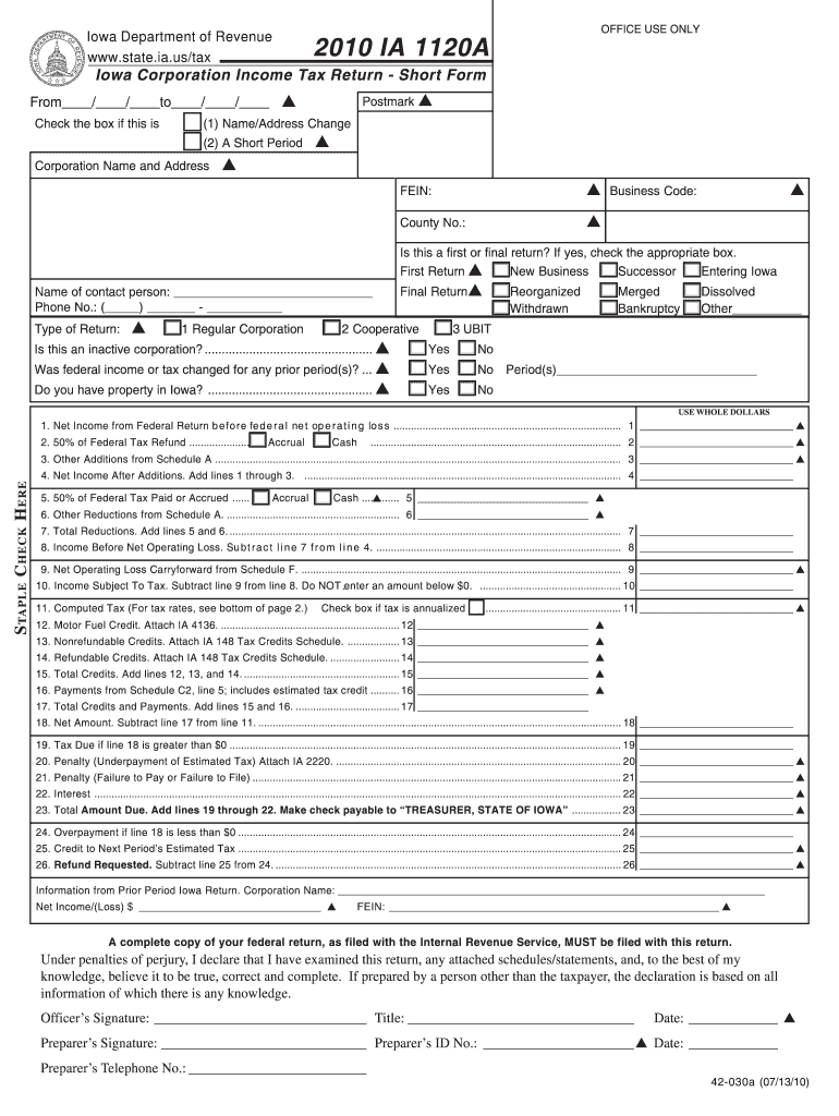  Iowa Corporation Short Form Income Tax Return  State of Iowa 2010