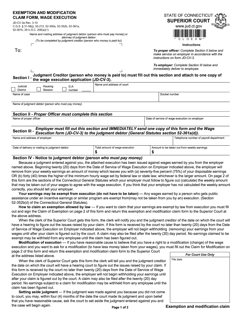  Ct Exemption and Modification Claim Form 2010