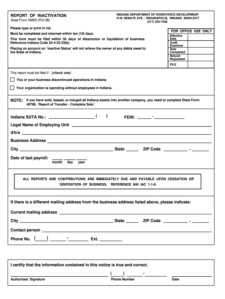  Indiana State Form 46800 1996