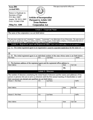 Articles of Incorporation Pursuant to Article 3 02 Texas FormSend