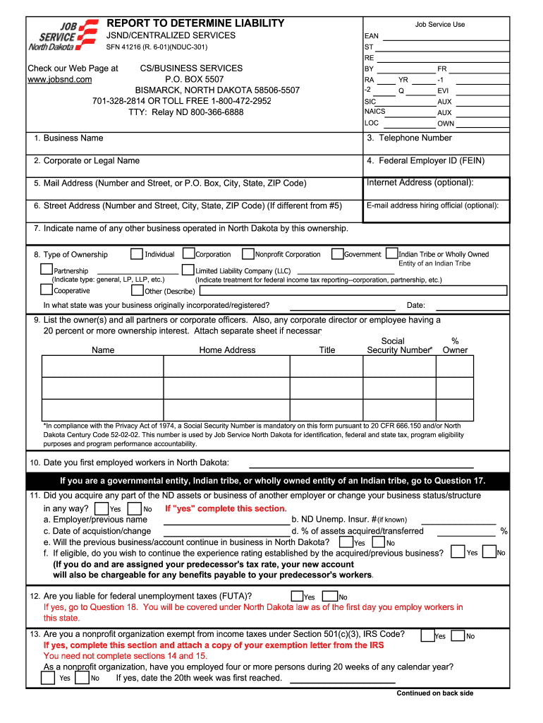  Sfn41216 Report to Determine Liability  Form 2001