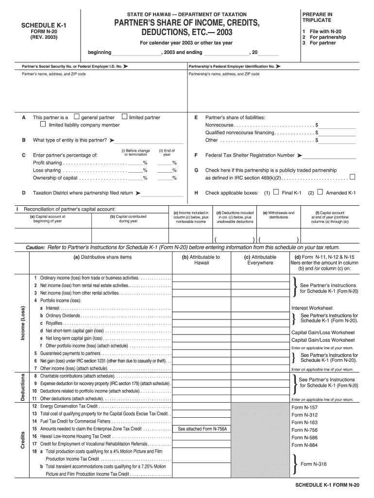  Schedule K 1 Form N 20 Partner&#39;s Share of Income    FormSend 2003