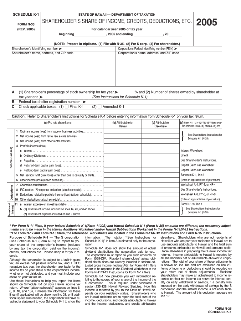  Schedule K 1 Form N 35 Rev Shareholder&#39;s    FormSend 2005