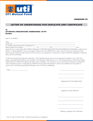 Uti Mutual Found Letter of Undertaking for Duplicate Unit Certifcate  Form