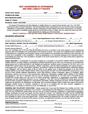 Iscf Awareness of Experience and Risk Liability Waiver ISCF MMA  Form