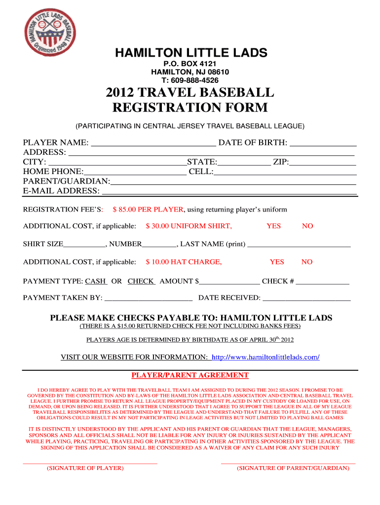 TRAVEL BASEBALL REGISTRATION FORM