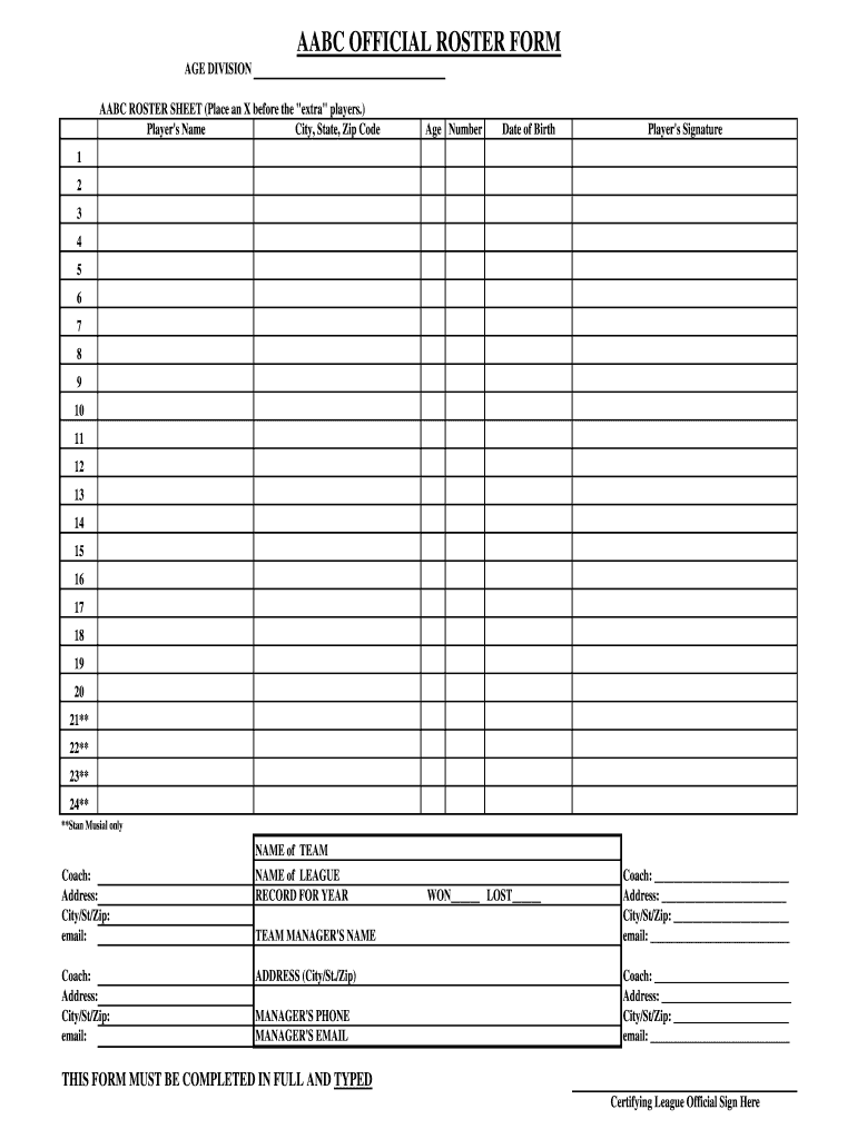 Aabc Official Roster Sheet PDF  Form