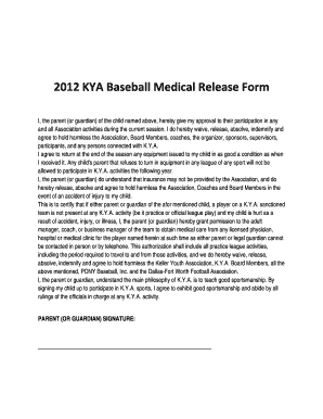 KYA Baseball Medical Release Form LeagueLineup Com