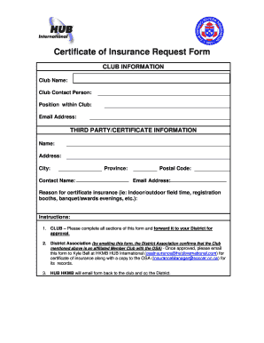 Hub International Insurance Binder Request  Form