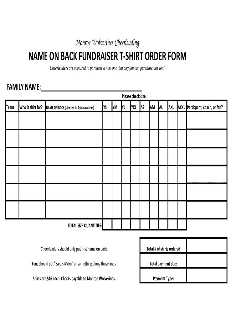 Fan Shirt Order Form