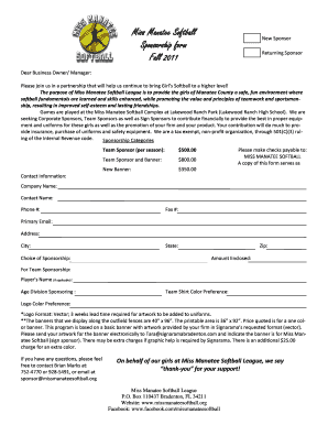 Softball Sponsorship Form