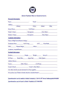 Football Questionnaire Template  Form