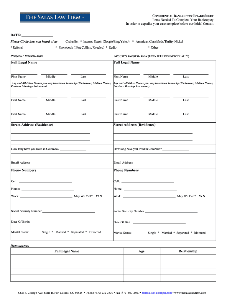 Bankruptcy Client Questionnaire Salas Law Firm  Form