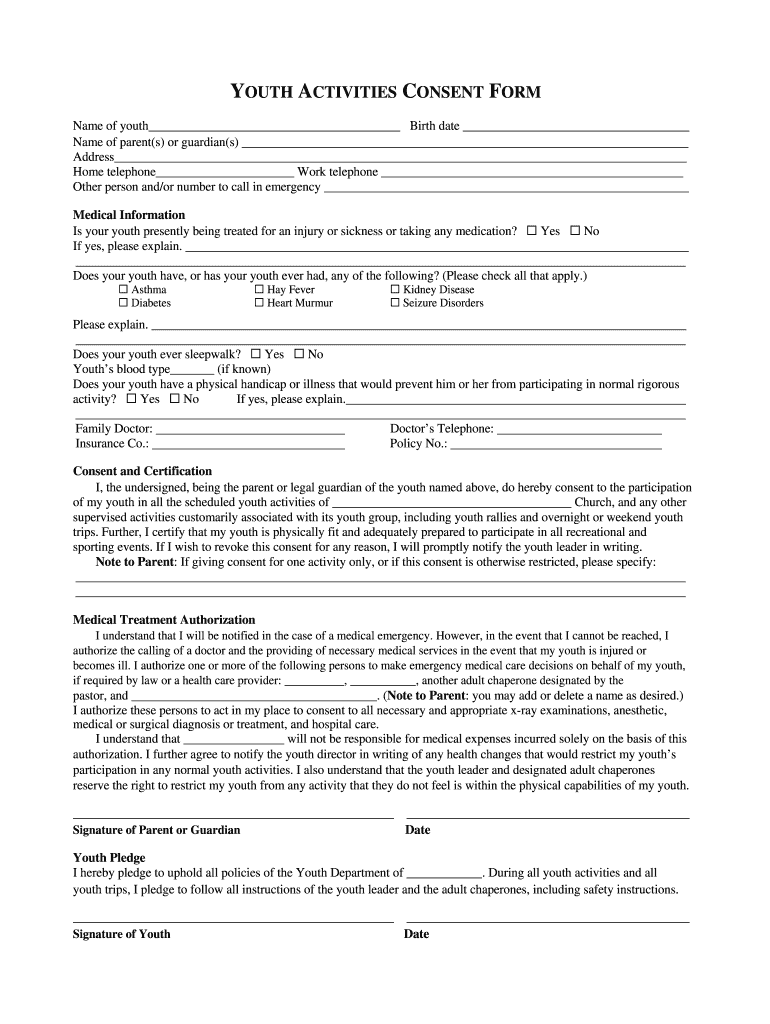pdfFiller Youth Activities Consent Form