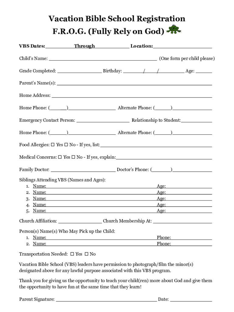 Vacation Bible School Registration Forms