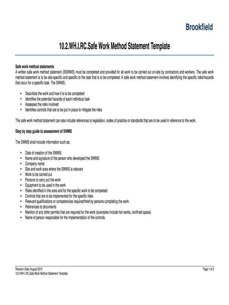 Get and Sign 10 2 WH I RC Safe Work Method Statement Template 2015-2022 Form