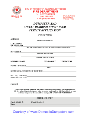 Worcester MA Dumpster Permit BApplicationb Domestic Dumpsters  Form