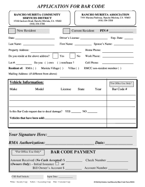 Bapplicationb for Bar Code Rancho Murieta Community Services  Form