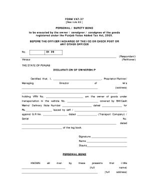 FORM VAT 37 See Rule 63 PERSONAL SURETY Legal Pundits