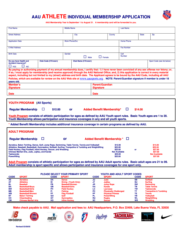 Get and Sign AAU ATHLETE INDIVIDUAL MEMBERSHIP APPLICATION  Eteamz 2005 Form