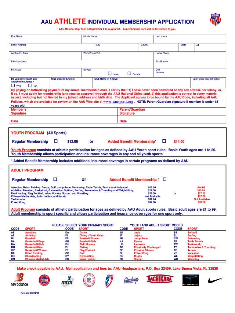  AAU ATHLETE INDIVIDUAL MEMBERSHIP APPLICATION  Eteamz 2005