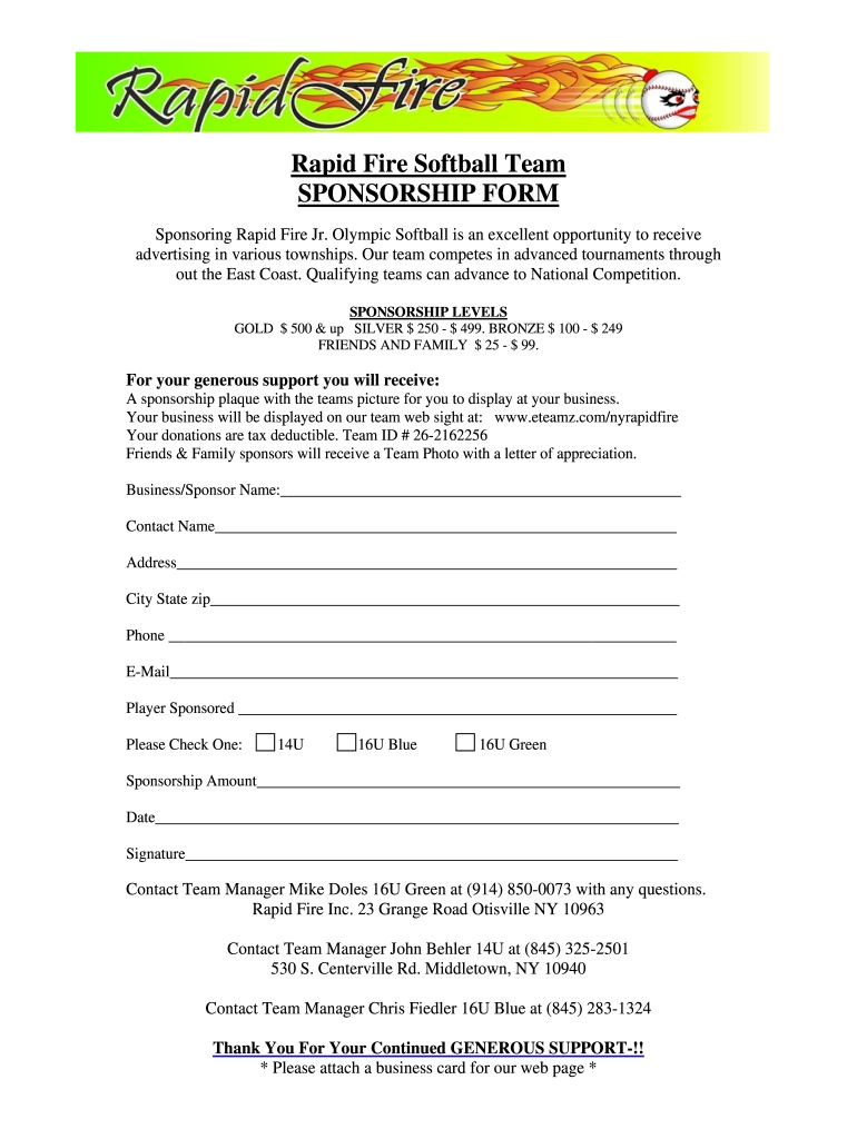 Softball Sponsorship Form