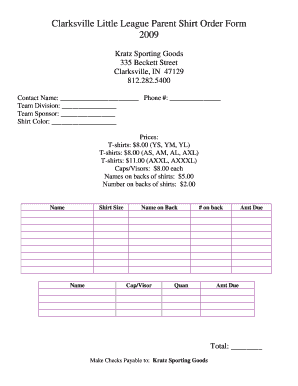 Clarksville Little League Parent Shirt Order Form Eteamz