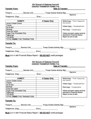 Girl Scouts of Gateway Council COOKIE TRANSFER FORM T 6