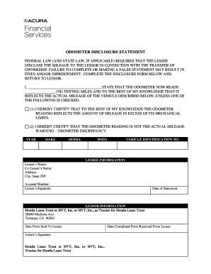 Acura Financial Services Odometer Statement  Form