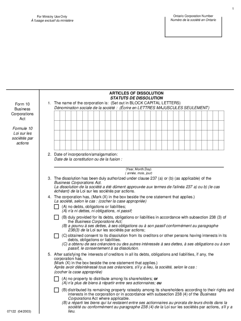 Articles of Dissolution Ontario Form 10