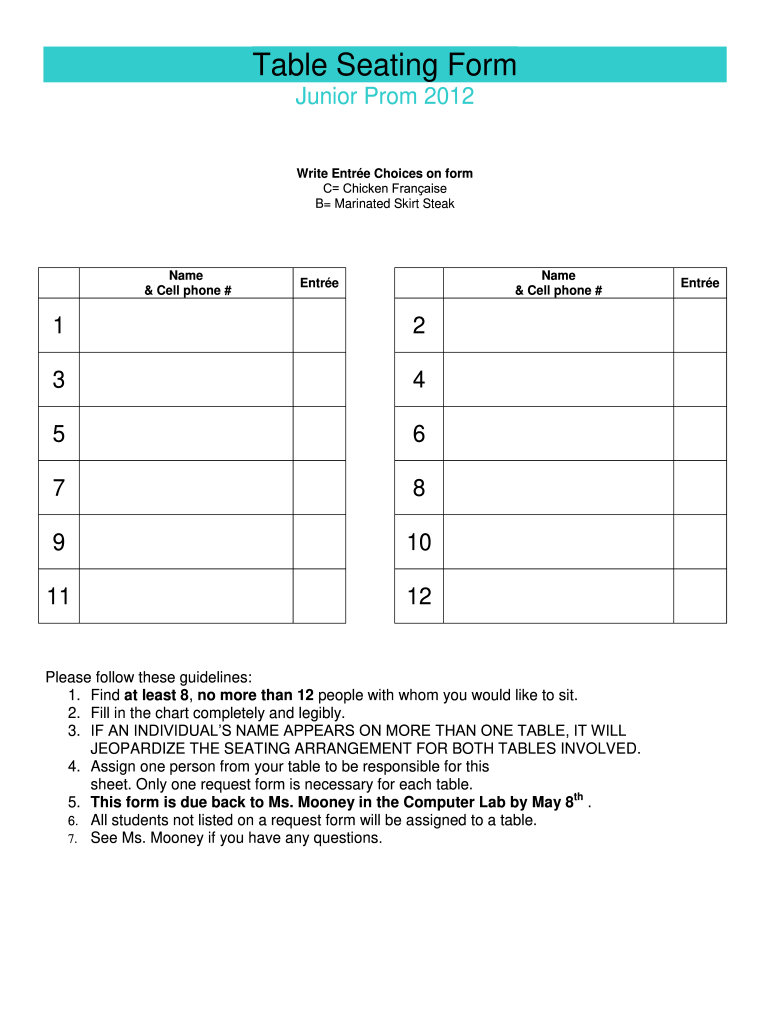  Table Seating Form 2012-2024