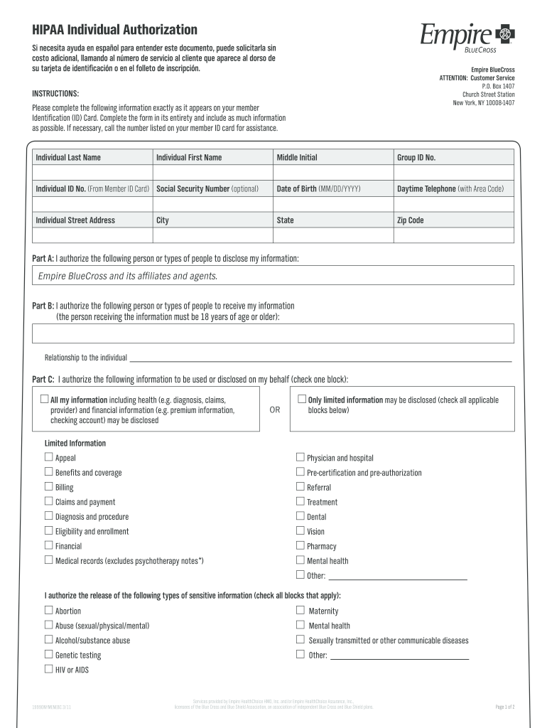 Empire Blue Cross Blue Shield Authorization Form 2011-2024