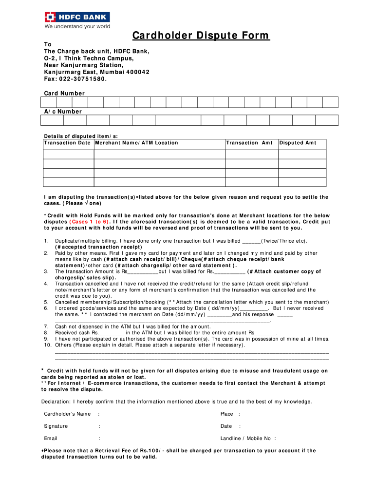 Hdfc Dispute Form Email ID