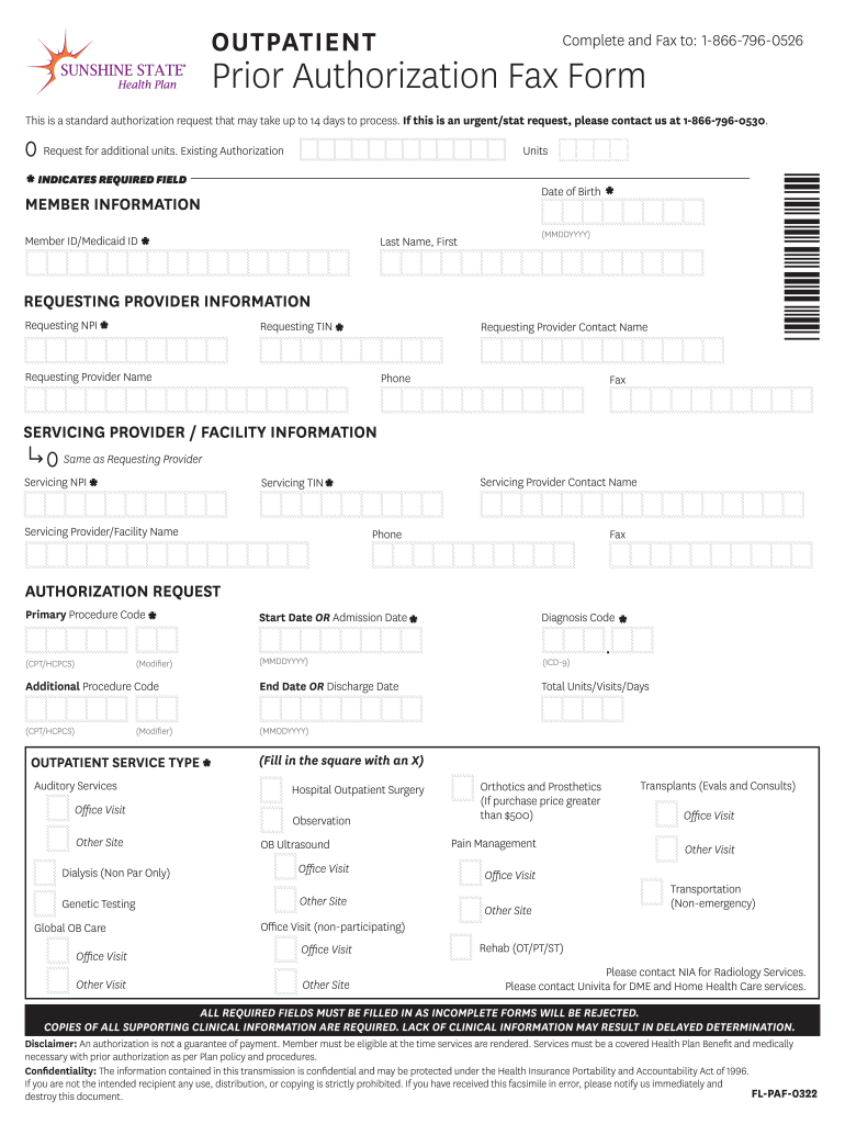 Sunshine State Helath Plan Medicaid Prior Authorization Form