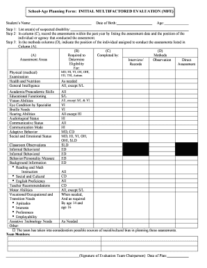 School Age Planning Form INITIAL MULTIFACTORED EVALUATION