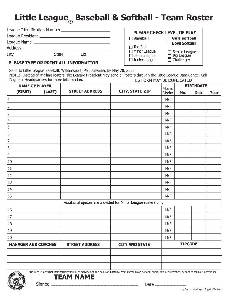 Little League Roster Template  Form