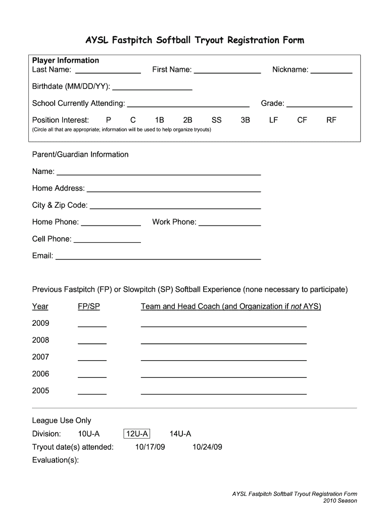Softball Tryout Evaluation Form Fill Out and Sign Printable PDF